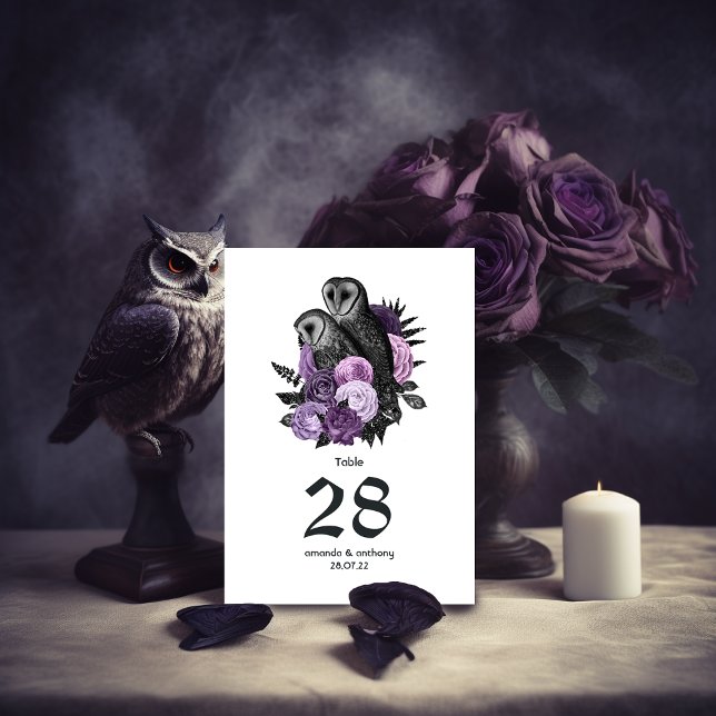 Purple Floral Owls Gothic Wedding Table Number (Creator Uploaded)