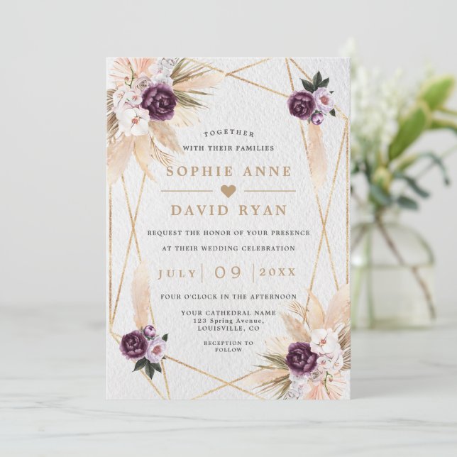 Purple Floral Pampas Grass All In One Wedding  Invitation (Standing Front)