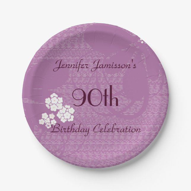 Purple Floral Paper Plates, 90th Birthday Party Paper Plate (Front)