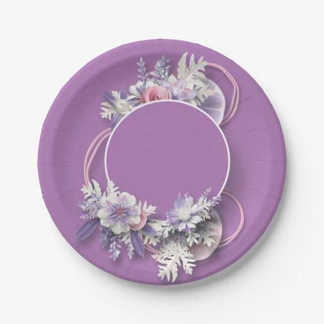 Purple Floral Paper Plates - Wedding Cake Plates (Front)