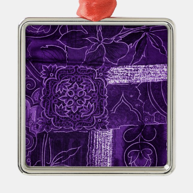 Purple Floral Patchwork Fabric Metal Ornament (Front)