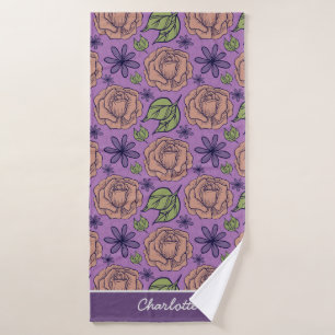Purple floral pattern big blossom with name bath towel