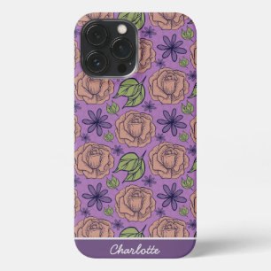 Purple floral pattern big blossom with name iPhone 13 pro max case