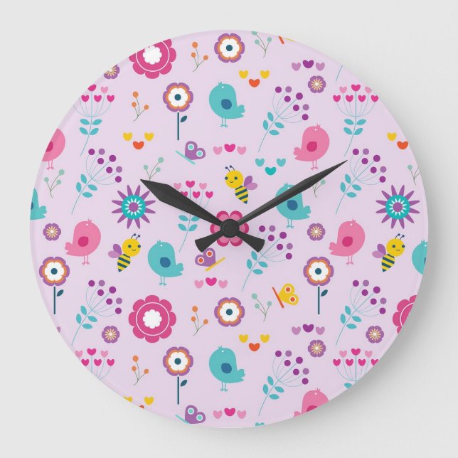 Purple Floral Pattern Cute Spring and Summer Clock (Front)