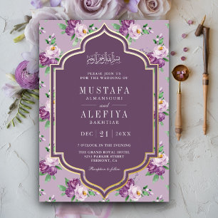 Purple Floral Pattern Muslim Wedding Gold