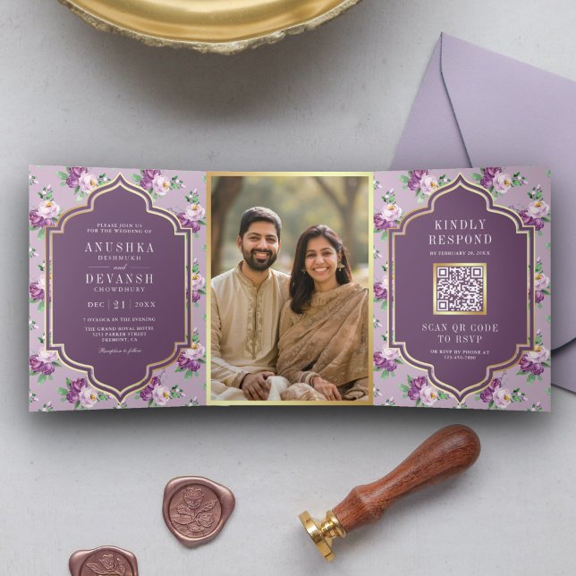 Purple Floral Pattern QR Code Indian Wedding Tri-Fold Invitation (Creator Uploaded)