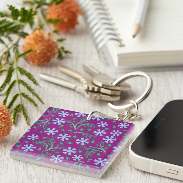 Purple Floral Pattern with Blue Flowers Key Ring (Creator Uploaded)