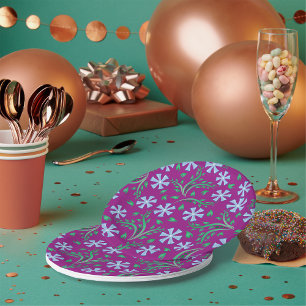 Purple Floral Pattern with Blue Flowers Paper Plate