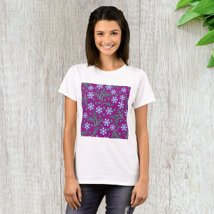 Purple Floral Pattern with Blue Flowers T-Shirt