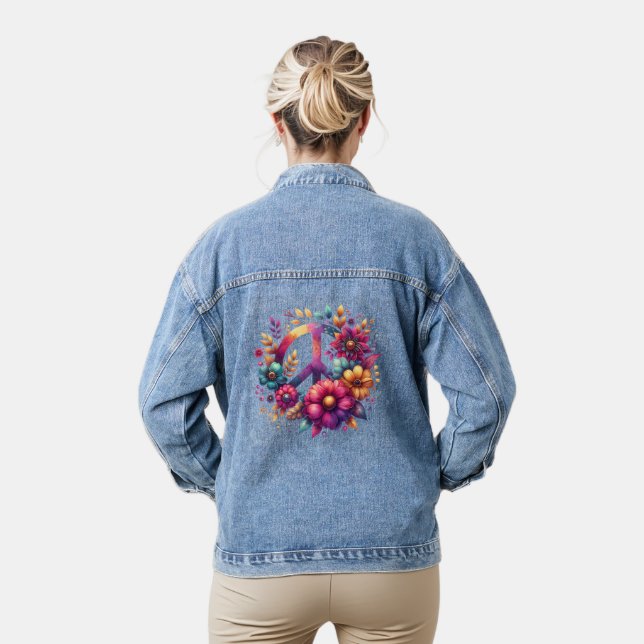 Purple Floral Peace Sign Denim Jacket (Model)