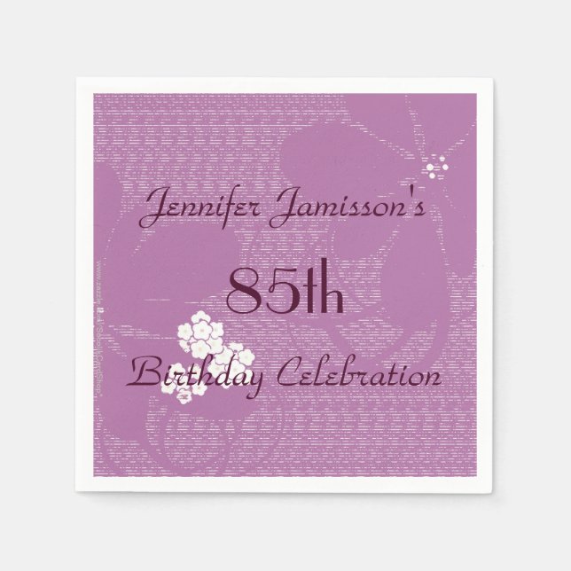 Purple Floral Personalised 85th Birthday Party Napkin (Front)