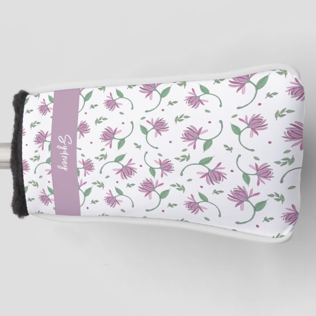 Purple Floral Personalised Ladies Golf Head Cover (Front)