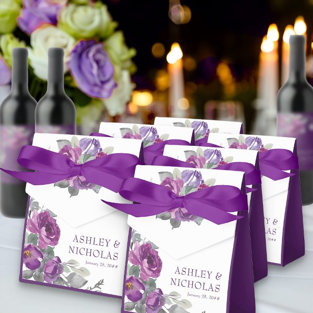 Purple Floral Personalised Wedding Favour Box (Purple floral favor bags from my Plush Purple Wedding Collection )