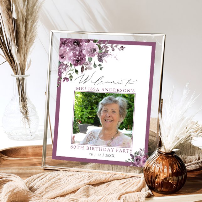 Purple Floral Photo 60th Birthday Welcome Poster (Creator Uploaded)