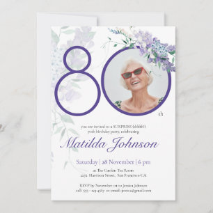 Purple Floral Photo 80th Birthday Surprise Party Invitation