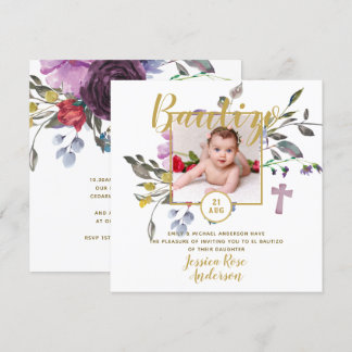 Purple Floral PHOTO Bautizo Invitacion Spanish Invitation