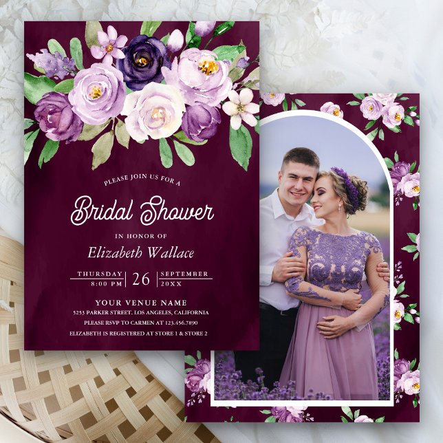 Purple Floral Photo Dark Moody Plum Bridal Shower Invitation (Creator Uploaded)