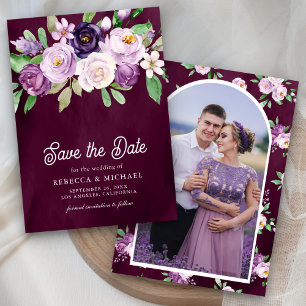 Purple Floral Photo Dark Moody Plum Wedding Save The Date