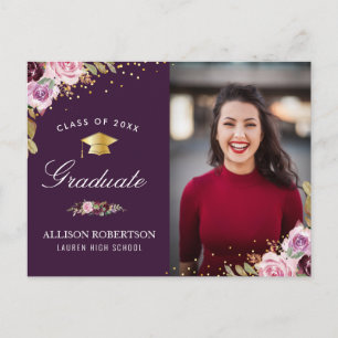 purple floral photo graduation announcement postcard