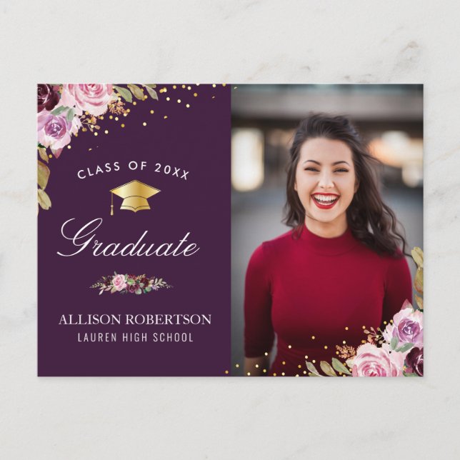 purple floral photo graduation announcement postcard (Front)