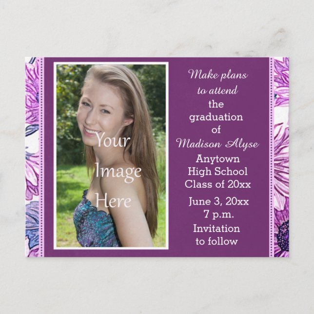Purple Floral Photo Graduation Save the Date Card (Front)