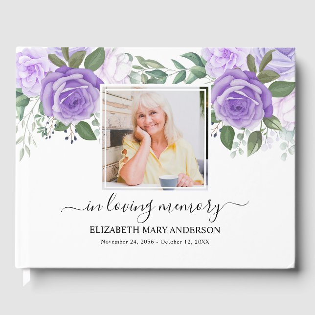 Purple Floral Photo Sympathy Funeral Watercolor Guest Book (Front)
