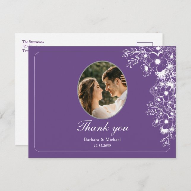 Purple Floral Photo Wedding Thank You Postcard (Front/Back)