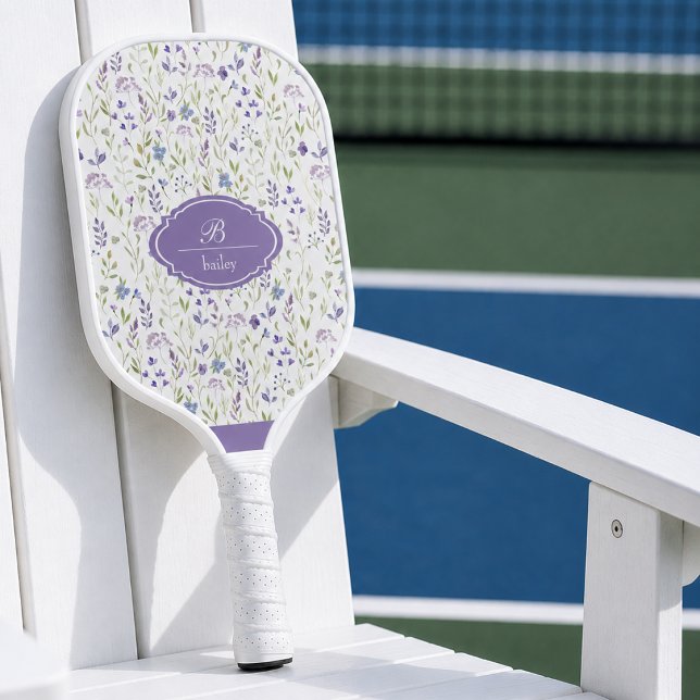 Purple Floral Pickleball Paddle (elegant girly pretty lavender wildflower pickleball paddle with monogram initial and name)