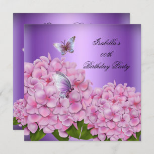 Purple Floral Pink Butterfly Birthday Party Invitation
