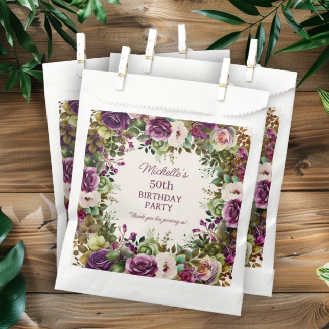 Purple Floral Pink Flowers Birthday Favour Bag (Elegant purple and pink watercolor floral birthday party favor bags. )