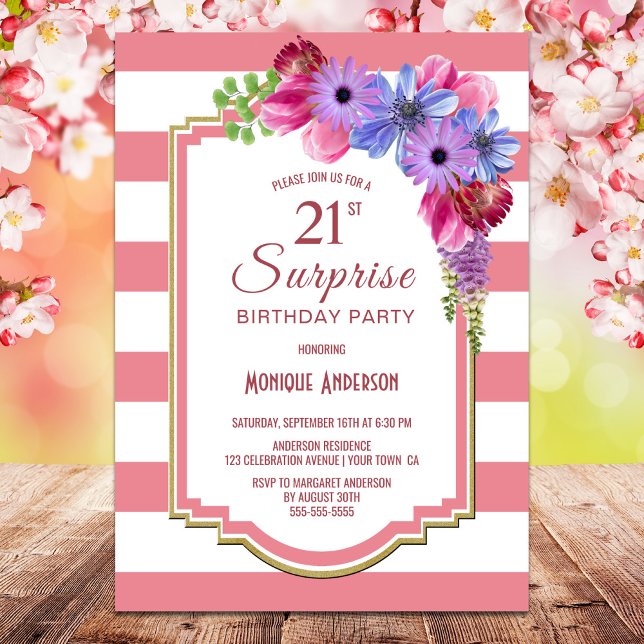 Purple Floral Pink Stripe Surprise 21st Birthday Invitation (Creator Uploaded)