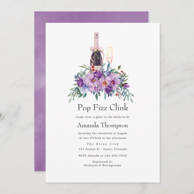 Purple Floral Pop Fizz Clink Bridal Shower Invitation (Front/Back)