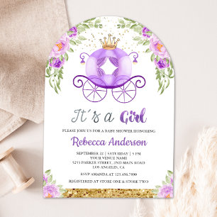 Purple Floral Princess Carriage Arch Baby Shower Invitation