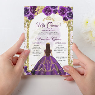 Purple Floral Princess Gold Arch Quinceanera Invitation