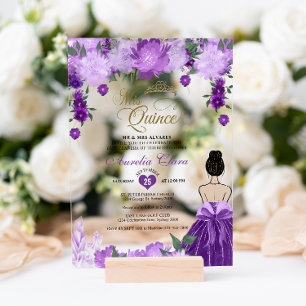 Purple Floral Princess Mis Quince Quinceañera Acrylic Invitations
