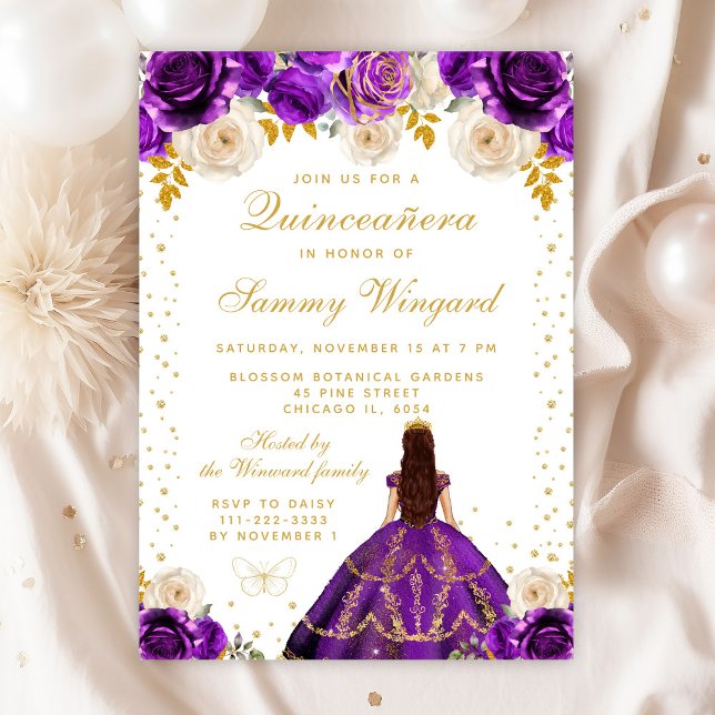 Purple Floral Princess Quinceañera Invitation (Creator Uploaded)