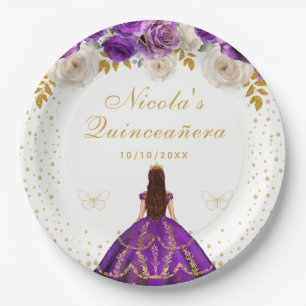 Purple Floral Princess Quinceañera Paper Plate