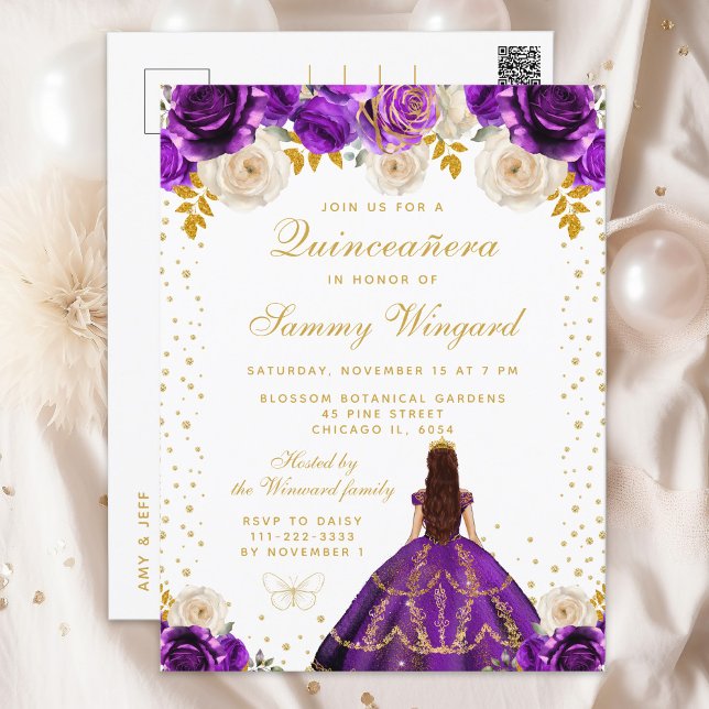 Purple Floral Princess Quinceañera Postcard (Creator Uploaded)