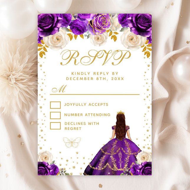 Purple Floral Princess Quinceañera RSVP Card (Creator Uploaded)