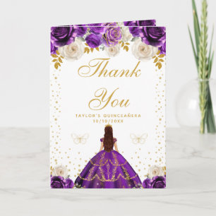 Purple Floral Princess Quinceañera Thank You Card