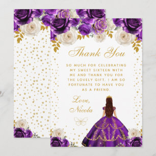 Purple Floral Princess Quinceañera Thank You Card