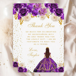 Purple Floral Princess Quinceañera Thank You Card