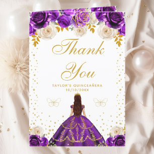 Purple Floral Princess Quinceañera Thank You Card
