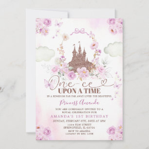 Purple Floral Princess Royal Castle 1st Birthday Invitation