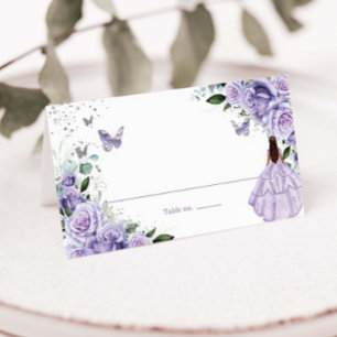 Purple Floral Princess Silver Quinceañera XV 16 Place Card