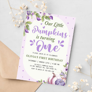 Purple Floral Pumpkin 1st Birthday Party Invitation