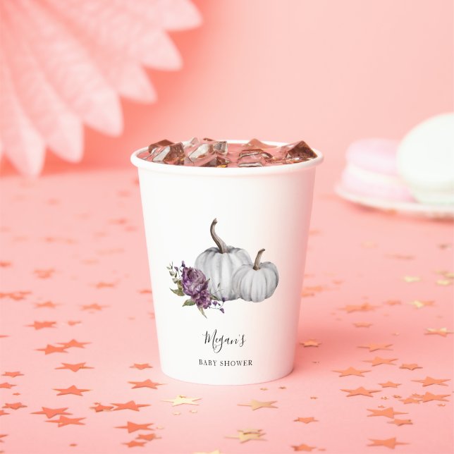 Purple Floral Pumpkin Baby Shower Paper Cups (Insitu)