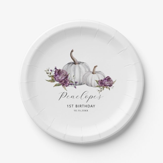 Purple Floral Pumpkin Birthday Party Paper Plate (Front)