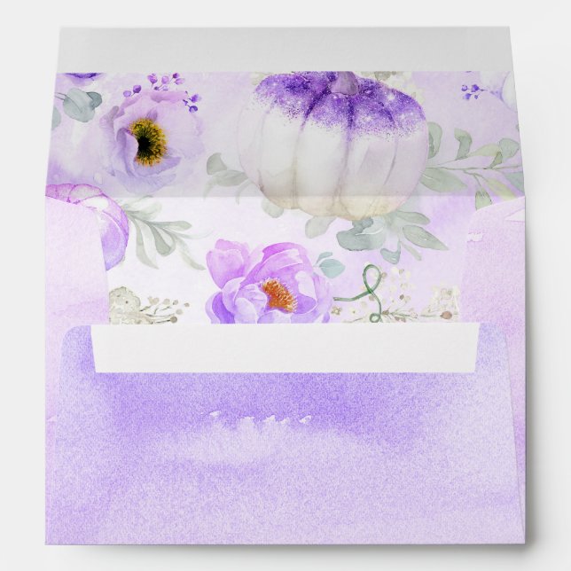 Purple Floral Pumpkins Pattern Fall Party Envelope (Back (Bottom))