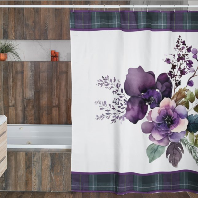 Purple Floral Purple & Green Plaid  Shower Curtain (Creator Uploaded)